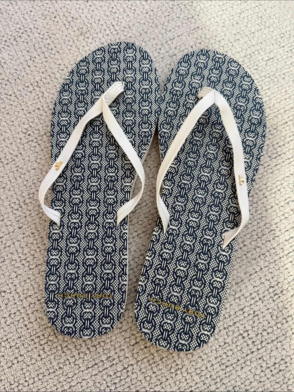 Tory Burch Navy Chain-Pattern Flip Flop Sandals with White Straps